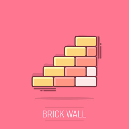 Vector cartoon wall brick icon in comic style. Wall sign illustration pictogram. Stone business splash effect concept.のイラスト素材