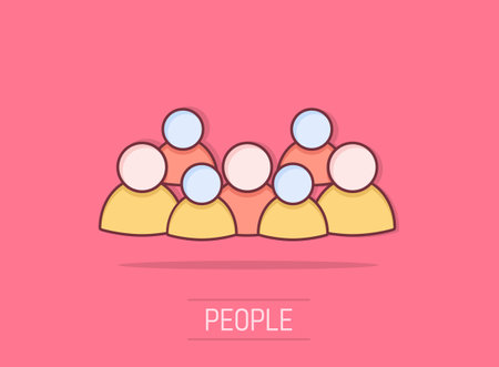 Vector cartoon group of people icon in comic style. Persons sign illustration pictogram. People business splash effect concept.のイラスト素材