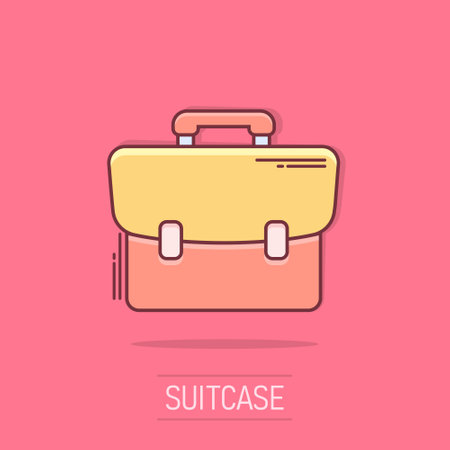 Vector cartoon suitcase icon in comic style. Luggage bag sign illustration pictogram. Diplomat case business splash effect concept.のイラスト素材