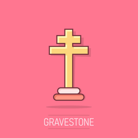 Vector cartoon halloween grave icon in comic style. Gravestone sign illustration pictogram. Rip business splash effect concept.のイラスト素材
