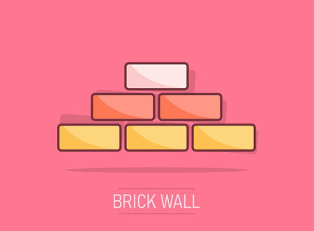 Vector cartoon wall brick icon in comic style. Wall sign illustration pictogram. Stone business splash effect concept.のイラスト素材