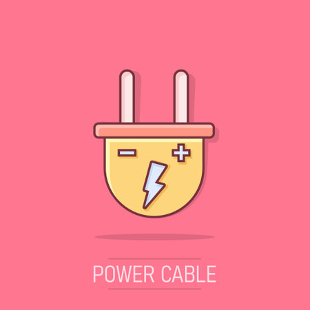 Vector cartoon electric plug icon in comic style. Power wire cable sign illustration pictogram. Wire business splash effect concept.のイラスト素材