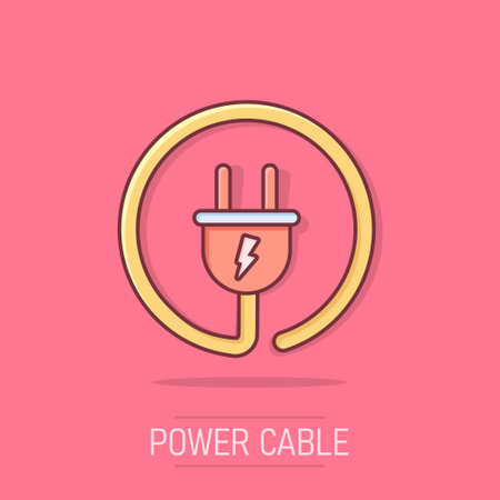 Vector cartoon electric plug icon in comic style. Power wire cable sign illustration pictogram. Wire business splash effect concept.のイラスト素材