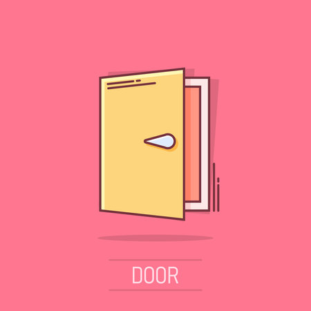 Vector cartoon door icon in comic style. Exit sign illustration pictogram. Open door business splash effect concept.のイラスト素材