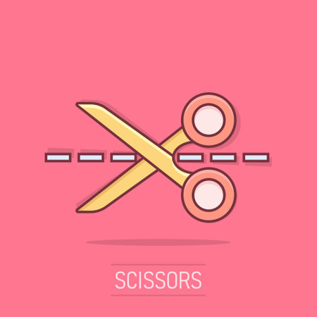 Vector cartoon scissors icon in comic style. Scissor sign illustration pictogram. Shear business splash effect concept.のイラスト素材