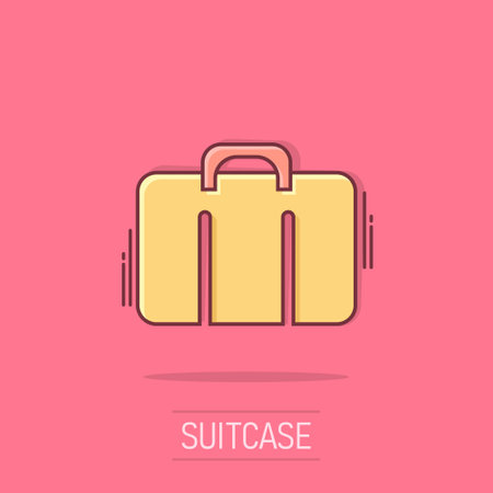 Vector cartoon suitcase icon in comic style. Luggage bag sign illustration pictogram. Diplomat case business splash effect concept.のイラスト素材
