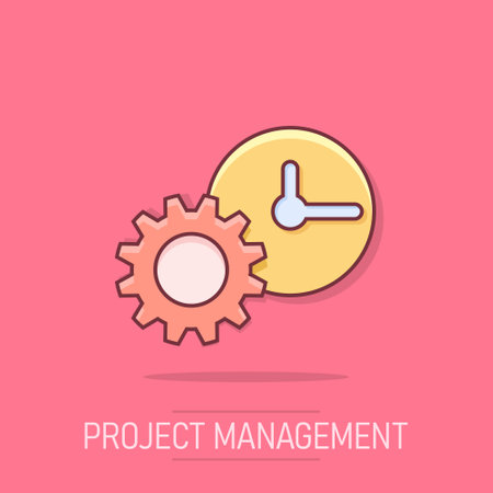 Vector cartoon clock icon in comic style. Project management sign illustration pictogram. Timer with gear business splash effect concept.のイラスト素材