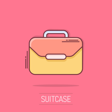Vector cartoon suitcase icon in comic style. Luggage bag sign illustration pictogram. Diplomat case business splash effect concept.のイラスト素材