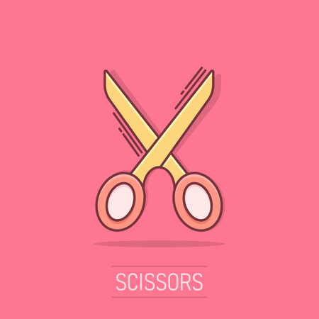 Vector cartoon scissors icon in comic style. Scissor sign illustration pictogram. Shear business splash effect concept.のイラスト素材