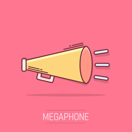 Vector cartoon megaphone icon in comic style. Bullhorn sign illustration pictogram. Megaphone business splash effect concept.のイラスト素材