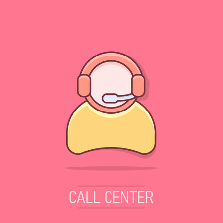 Vector cartoon operator with microphone icon in comic style. Operator in call center sign illustration pictogram. People business splash effect concept.のイラスト素材