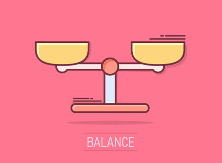 Vector cartoon scale weigher icon in comic style. Weigher sign illustration pictogram. Balance business splash effect concept.のイラスト素材