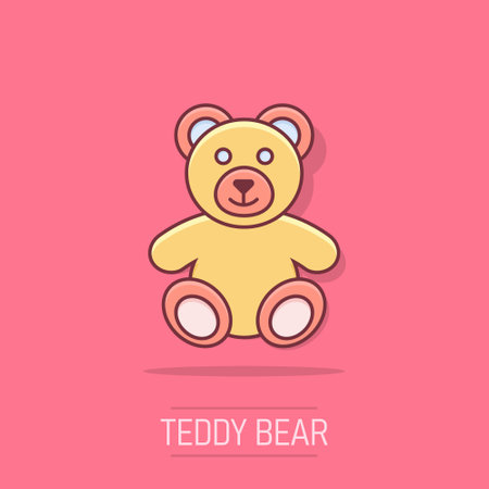 Vector cartoon teddy bear plush toy icon in comic style. Teddy toy sign illustration pictogram. Bear business splash effect concept.のイラスト素材