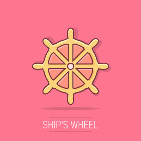 Vector cartoon steering wheel rudder icon in comic style. Rudder wheel sign illustration pictogram. Steering rudder business splash effect concept.のイラスト素材