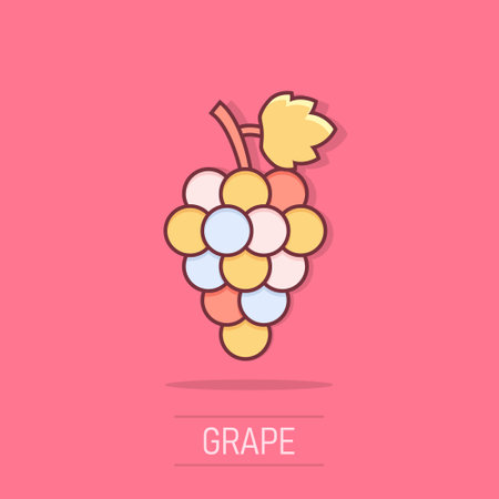 Vector cartoon grape fruit with leaf icon in comic style. Wine sign illustration pictogram. Grapevine business splash effect concept.のイラスト素材