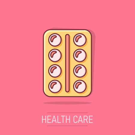 Vector cartoon pill icon in comic style. Tablet concept illustration pictogram. Capsule medical business splash effect concept.のイラスト素材