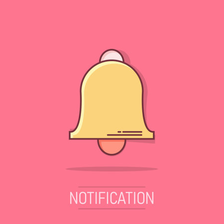 Vector cartoon bell icon in comic style. Alarm bell concept illustration pictogram. Handbell business splash effect concept.のイラスト素材