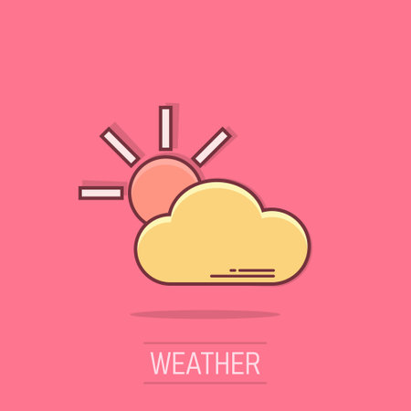 Vector cartoon weather forecast icon in comic style. Sun with clouds concept illustration pictogram. Cloud business splash effect concept.のイラスト素材