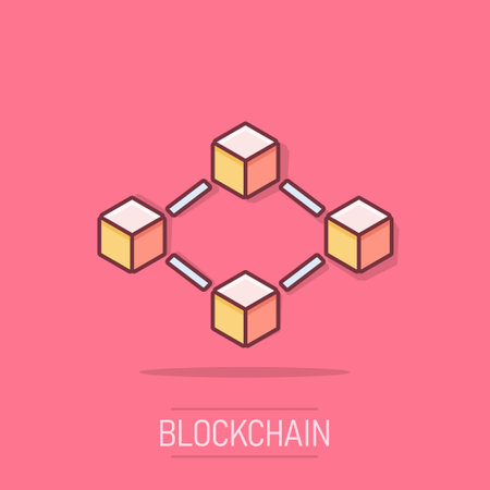Vector cartoon blockchain technology icon in comic style. Cryptography cube block concept illustration pictogram. Blockchain algorithm business splash effect concept.のイラスト素材