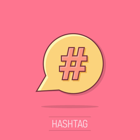 Vector cartoon hashtag icon in comic style. Social media marketing concept illustration pictogram. Hashtag network business splash effect concept.のイラスト素材