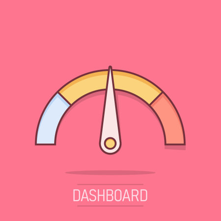 Meter dashboard icon in comic style. Credit score indicator level vector cartoon illustration pictogram. Gauges with measure scale business concept splash effect.のイラスト素材