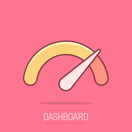 Meter dashboard icon in comic style. Credit score indicator level vector cartoon illustration pictogram. Gauges with measure scale business concept splash effect.のイラスト素材