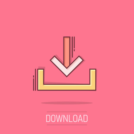 Download file icon in comic style. Arrow down downloading vector cartoon illustration pictogram. Download business concept splash effect.のイラスト素材