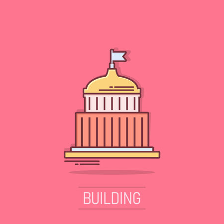 Bank building icon in comic style. Government architecture vector cartoon illustration pictogram. Museum exterior business concept splash effect.のイラスト素材