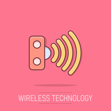 Motion sensor icon in comic style. Sensor waves vector cartoon illustration pictogram. Security connection business concept splash effect.のイラスト素材