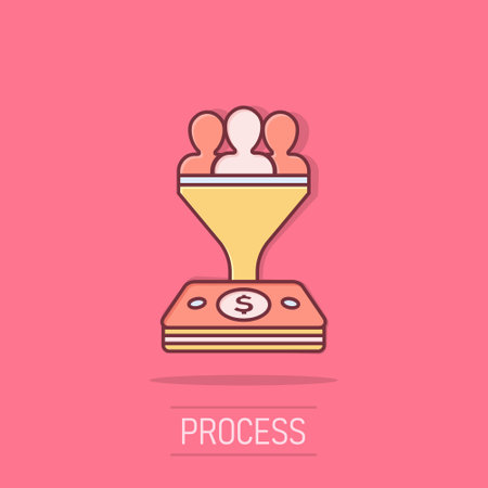 Lead management icon in comic style. Funnel with people, money vector cartoon illustration pictogram. Target client business concept splash effect.のイラスト素材