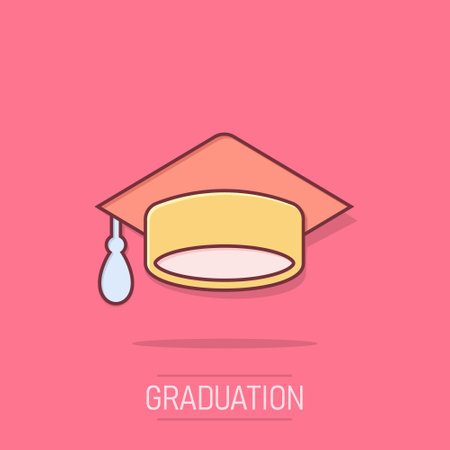 Graduation cap icon in comic style. Education hat vector cartoon illustration on white isolated background. University bachelor business concept splash effect.のイラスト素材