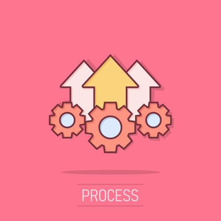 Operation project icon in comic style. Gear process vector cartoon illustration on white isolated background. Technology produce business concept splash effect.のイラスト素材