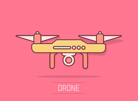 Drone quadrocopter icon in comic style. Quadcopter camera vector cartoon illustration on white isolated background. Helicopter flight business concept splash effect.のイラスト素材