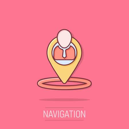 Placement icon in comic style. People pin vector cartoon illustration on white isolated background. Navigation business concept splash effect.のイラスト素材