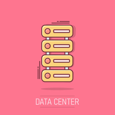Data center icon in comic style. Server vector cartoon illustration on white isolated background. Security business concept splash effect.のイラスト素材