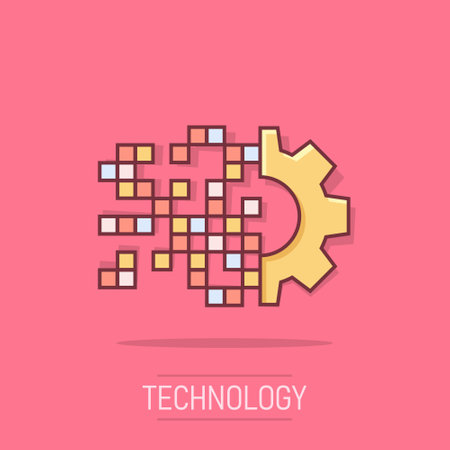 Digital gear icon in comic style. Cog vector cartoon illustration on white isolated background. Techno wheel business concept splash effect.のイラスト素材