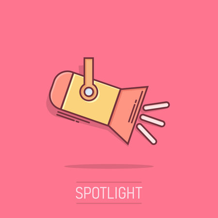 Spotlight icon in comic style. Lamp vector cartoon illustration on white isolated background. Flashlight business concept splash effect.のイラスト素材