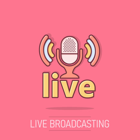 Microphone icon in comic style. Live broadcast vector cartoon illustration on white isolated background. Sound record business concept splash effect.のイラスト素材