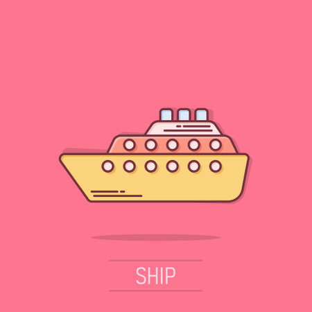 Ship cruise sign icon in comic style. Cargo boat vector cartoon illustration on white isolated background. Vessel business concept splash effect.のイラスト素材