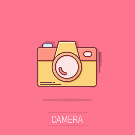 Camera device sign icon in comic style. Photography vector cartoon illustration on white isolated background. Cam equipment business concept splash effect.のイラスト素材