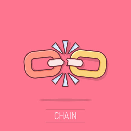 Broken chain sign icon in comic style. Disconnect link vector cartoon illustration on white isolated background. Detach business concept splash effect.のイラスト素材