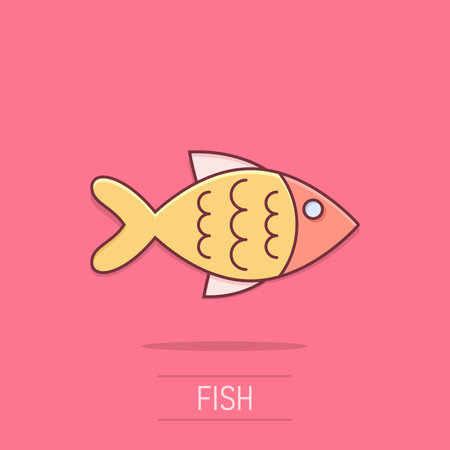Fish sign icon in comic style. Goldfish vector cartoon illustration on isolated background. Seafood business concept splash effect.のイラスト素材
