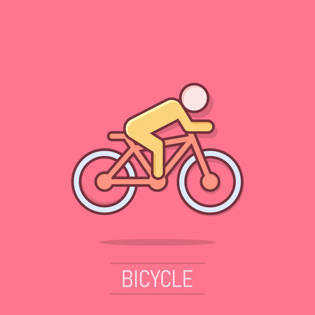 People on bicycle sign icon in comic style. Bike vector cartoon illustration on isolated background. Men cycling business concept splash effect.のイラスト素材
