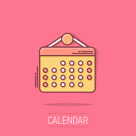 Calendar organizer icon in comic style. Appointment event vector cartoon illustration on isolated background. Month deadline business concept splash effect.のイラスト素材