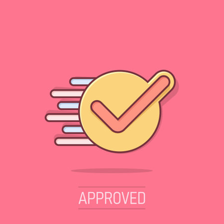 Check mark sign icon in comic style. Confirm button cartoon vector illustration on isolated background. Accepted splash effect business concept.のイラスト素材