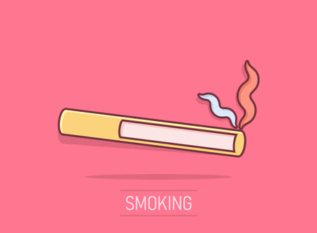 Cigarette icon in comic style. Smoke cartoon vector illustration on isolated background. Nicotine splash effect business concept.のイラスト素材