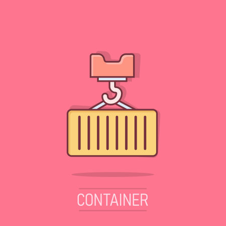 Container icon in comic style. Delivery cargo cartoon vector illustration on isolated background. Freight box splash effect business concept.のイラスト素材