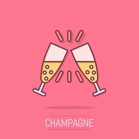 Champagne glass icon in comic style. Alcohol drink vector cartoon illustration on isolated background. Cocktail splash effect business concept.のイラスト素材