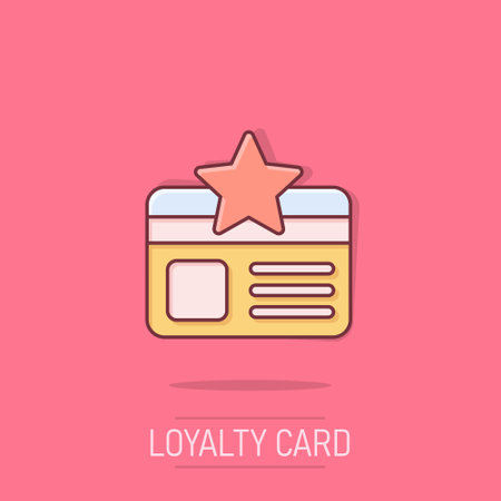 Loyalty card icon in comic style. Reward cartoon vector illustration on isolated background. Discount splash effect business concept.のイラスト素材