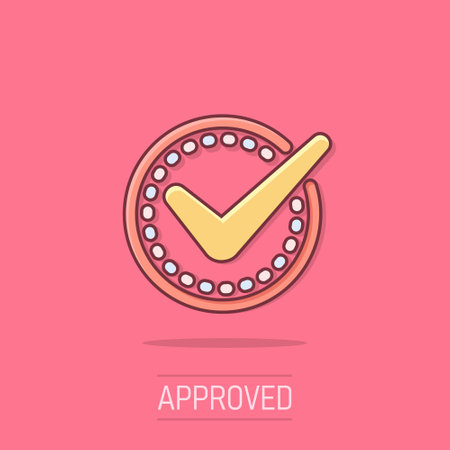 Check mark sign icon in comic style. Confirm button cartoon vector illustration on isolated background. Accepted splash effect business concept.のイラスト素材